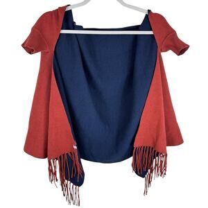 Mer Sea Burnt Orange Sleeved Fringe Heavy Knit Cotton Sweater Wrap Shawl OS